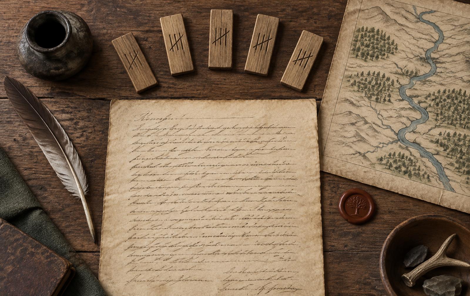 Interpretive overhead illustration of a manuscript, five wooden markers, a quill, seal, and river map representing the Watauga Association court