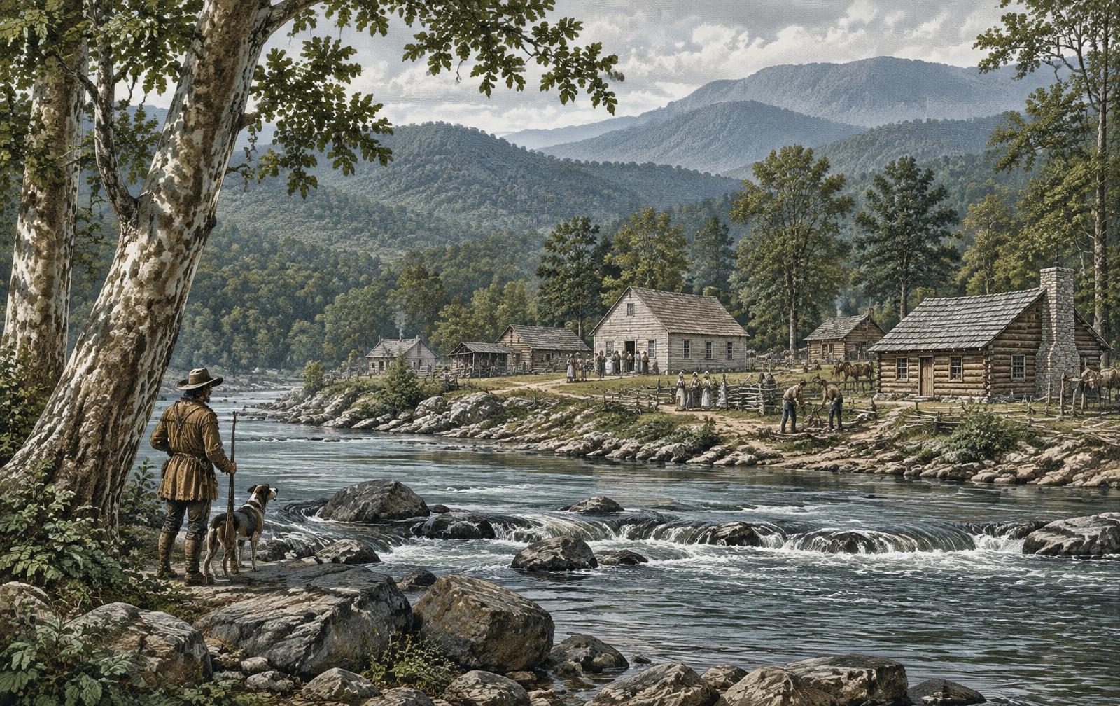 Historical illustration of an early settlement beside the Watauga River in the Appalachian foothills